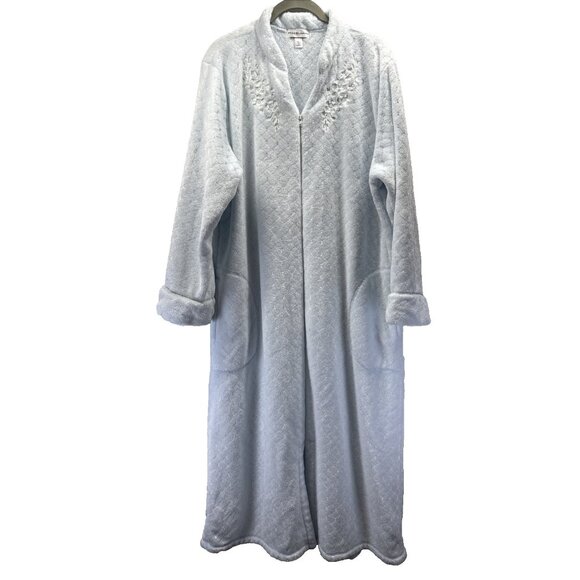 Miss Elaine Bathrobe Size XL Blue Soft Long Zipper Textured Embroidered Pockets - Picture 1 of 11